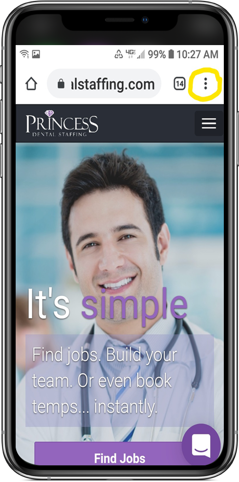 Image of android phone showing PDS homepage, highlighting three-dot menu in chrome navbar