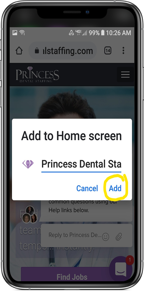 Image of android phone, with PDS homepage open, showing popup with button to finish adding PDS to your home screen
