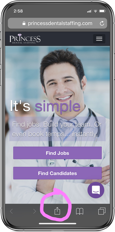 Image of iphone displaying Princess Dental Staffing Homepage, Highlighting Share Button
